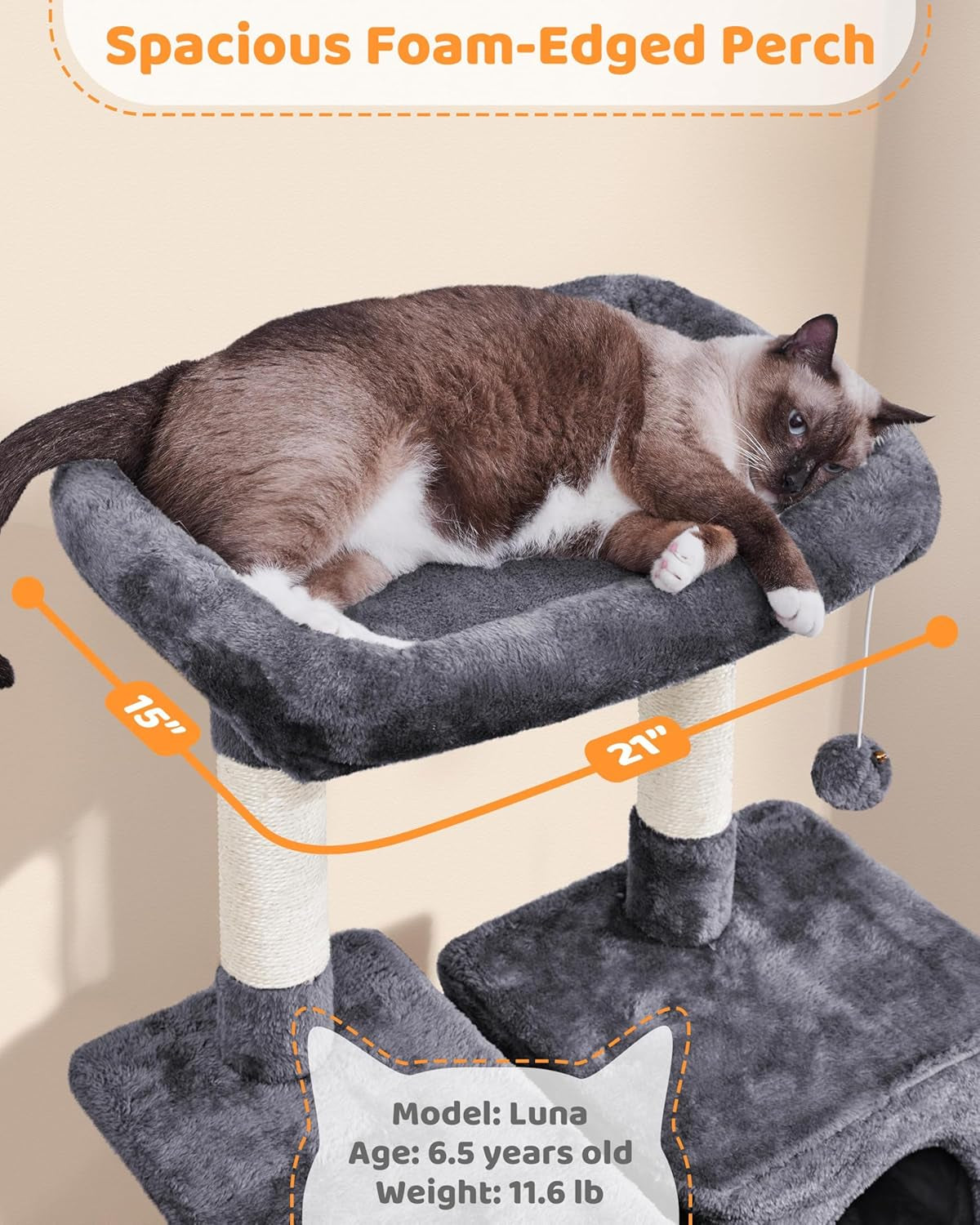 63In Large Cat Tree for Heavy Cats up to 22Lbs, Anti-Wobble Tower with Condo & Hammock, Space-Saving for Indoor Multi-Pet Households, Stops Furniture Scratching