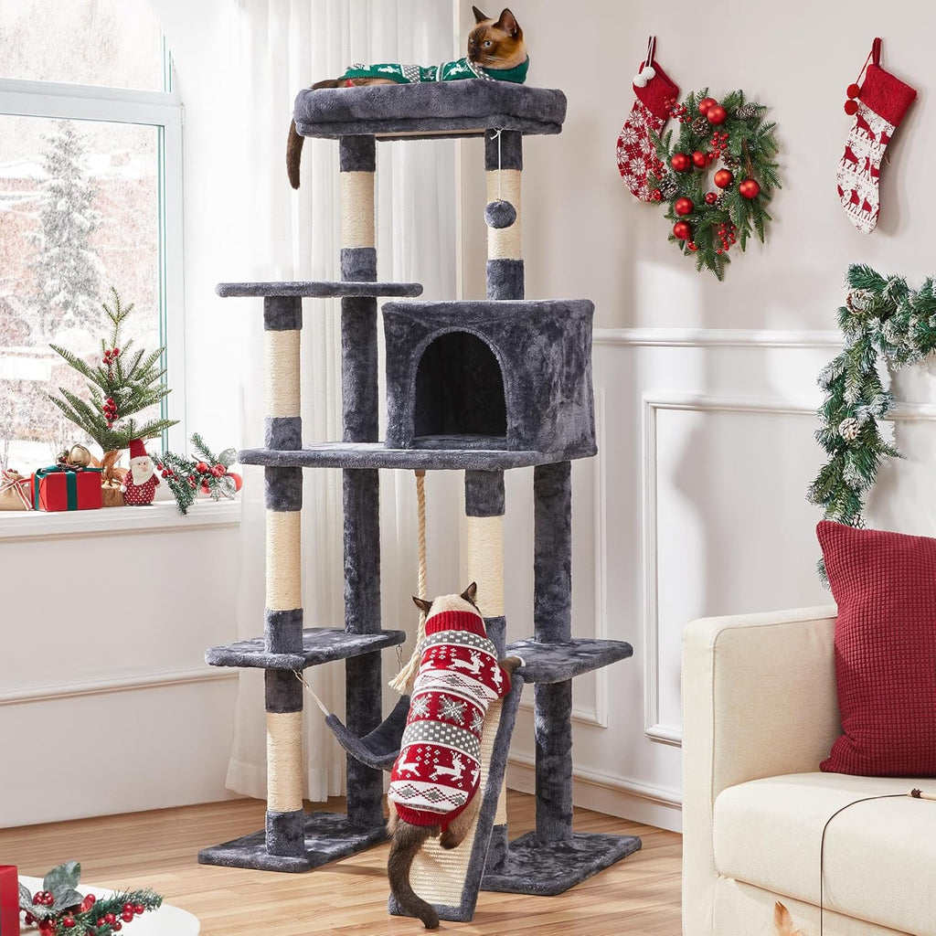 63In Large Cat Tree for Heavy Cats up to 22Lbs, Anti-Wobble Tower with Condo & Hammock, Space-Saving for Indoor Multi-Pet Households, Stops Furniture Scratching